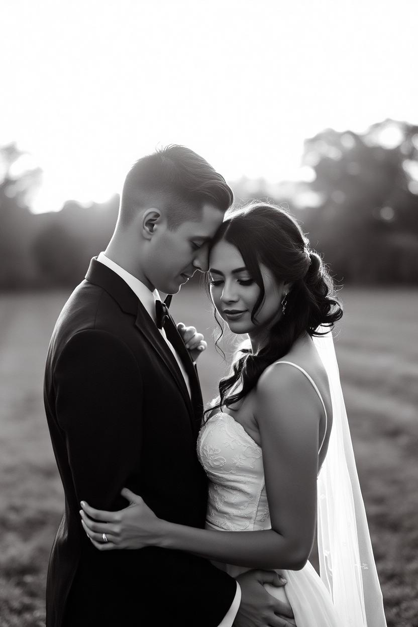 Wedding portrait of the couple in warm evening light