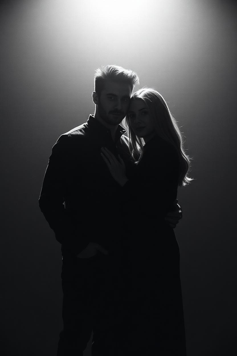 Couple photographed close together in warm studio light