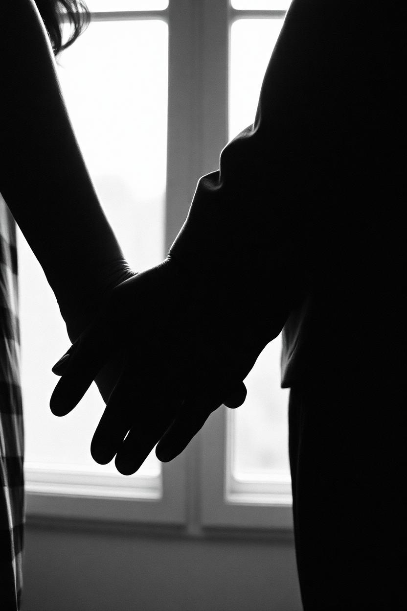 Quiet moment between two people, hands held